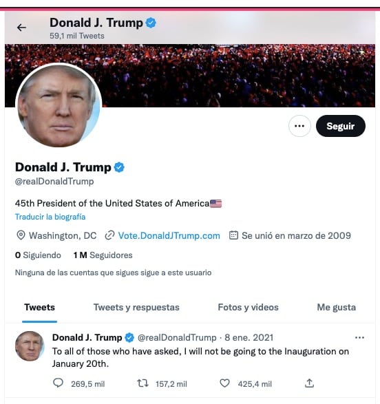 La cuenta en Twitter de Donald Trump (@realDonaldTrump) fue reactivada el 19 de noviembre de 2022