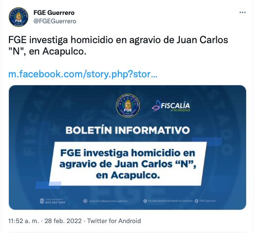 Tuit de la FGE informando sobre la muerte de Juan Carlos "N"
