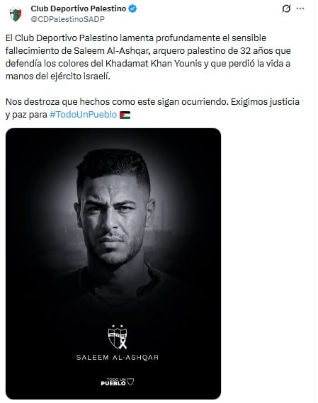 Club Deportivo Palestino confirma muerte de Saleem Al-Ashqar en manos del ejército de Israel.