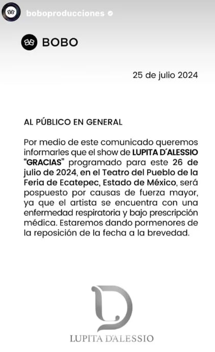 Lupita D'Alessio cancela concierto