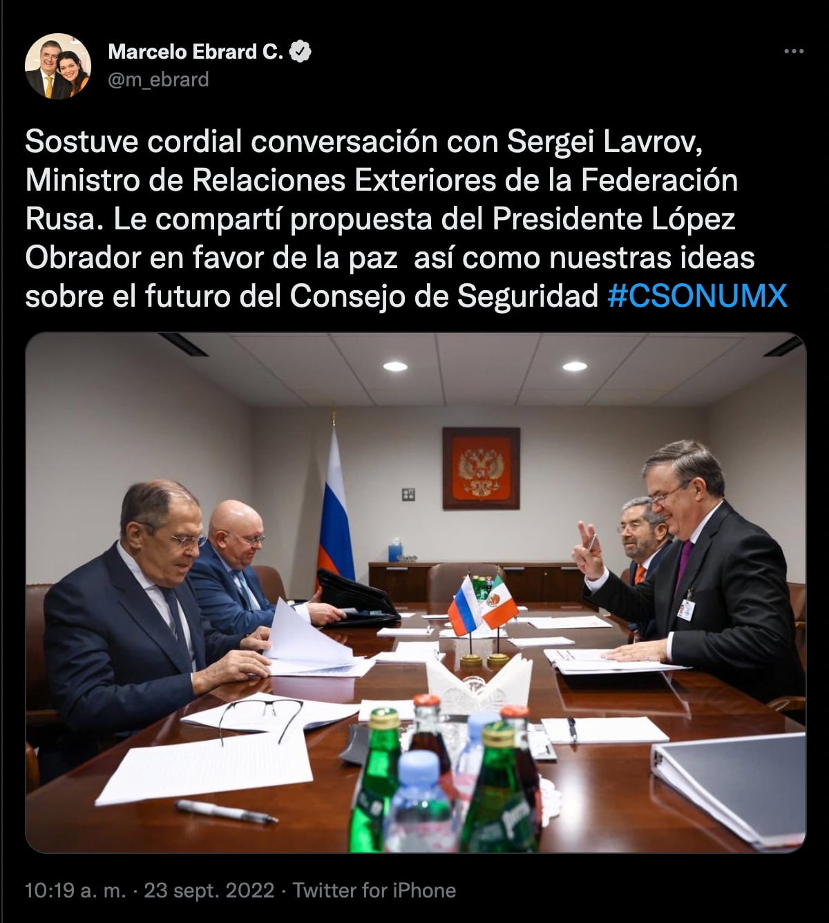 Marcelo Ebrard presenta a Sergei Lavrov, ministro de Rusia, el plan de AMLO para la paz en Ucrania