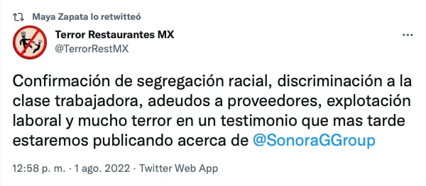 Retuit de Maya Zapata miembro de Poder Prieto sobre discriminación en Sonora Grill/@LaMZapata