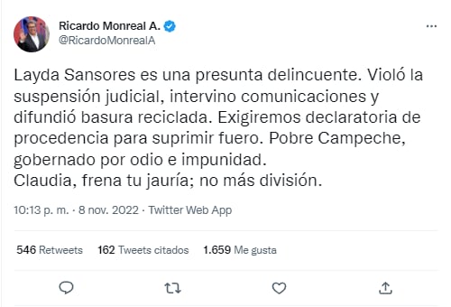 El senador Ricardo Monreal pedirá desafuero de la gobernadora Layda Sansores y culpó a la mandataria capitalina Claudia Sheinbaum.