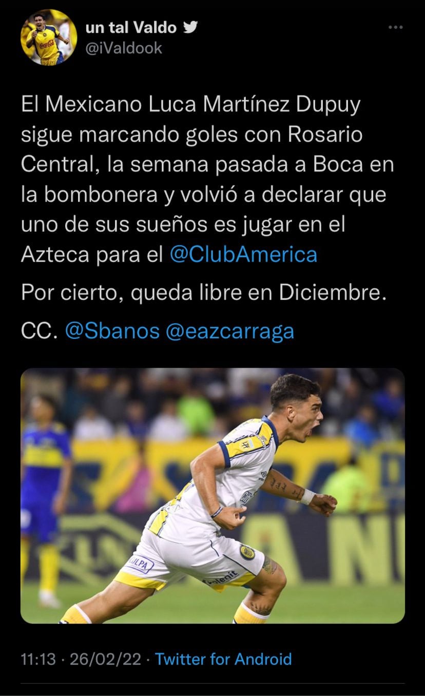 Tweet de un aficionado al América que pide el fichaje de Luca Martínez Dupuy para el equipo.