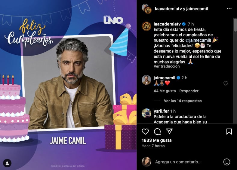 Jaime Camil agradece a La Academia 2024 por la felicitación