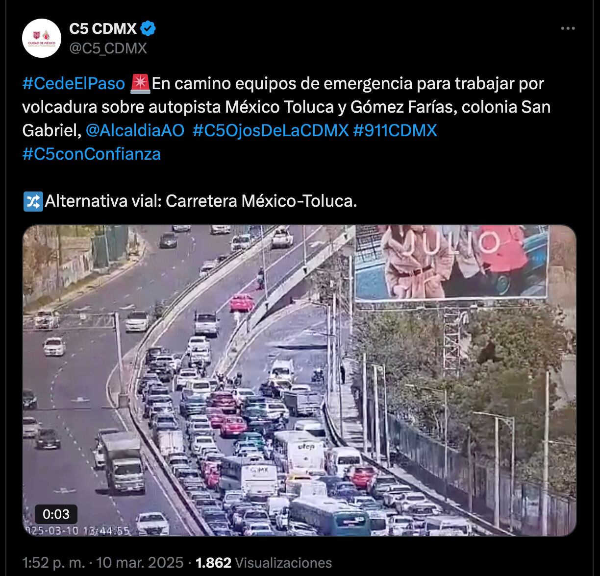 Autopista México-Toluca hoy 10 de marzo 2025: Cerrada la salida de Santa Fe por aparatoso accidente