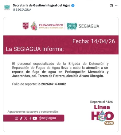 Reporte de fuga de agua en Alvaro Obregón