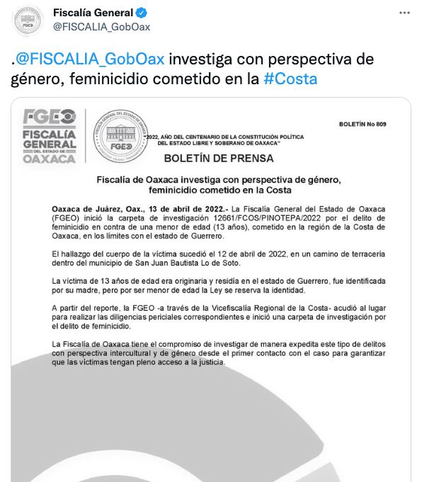 Fiscalía de Oaxaca investiga feminicidio de Frida Alondra