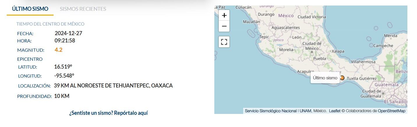Temblor en Oaxaca el 27 de diciembre