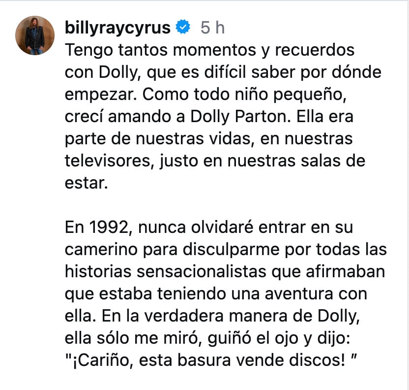 “Crecí amando a Dolly Parton”: Billy Ray Cyrus recuerda su amistad tras su muerte