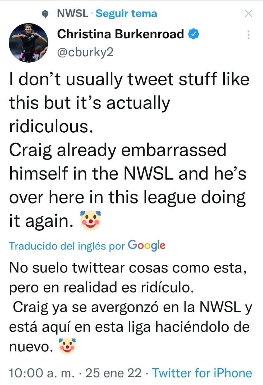Christina Burkenroad, jugadora del Club de Futbol Monterrey, no aguantó más y a través de sus redes sociales expresó que es ridículo que en la Liga Femenil MX se acepte a gente como el técnico del Club América, Craig Harrington.