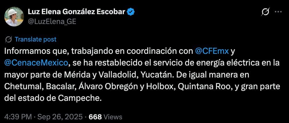 Apagón masivo en el sureste de México.