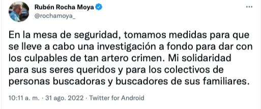 Rubén Rocha, gobernador de Sinaloa lamentó el asesinato de Rosario Lilián, madre buscadora/Twitter