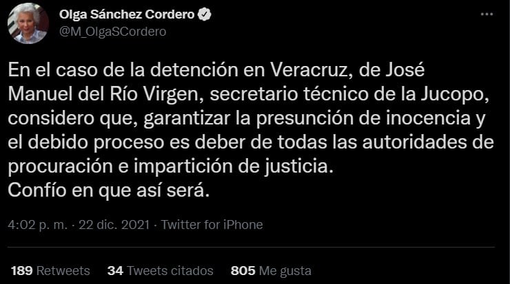Olga Sánchez Cordero tweet