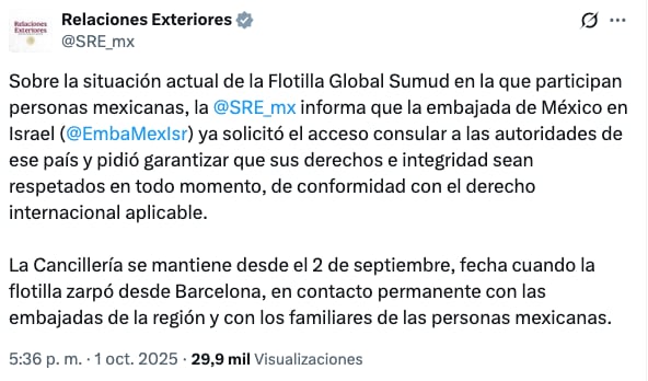 Embajada de México en Israel ya pidió acceso consular por mexicanos en flotilla Global Sumud