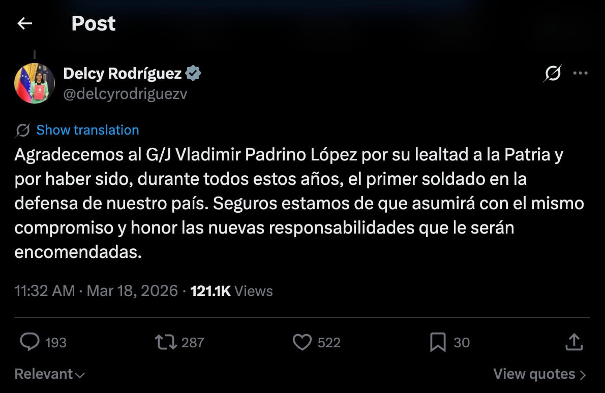 Delcy Rodríguez destituye a Vladimir Padrino