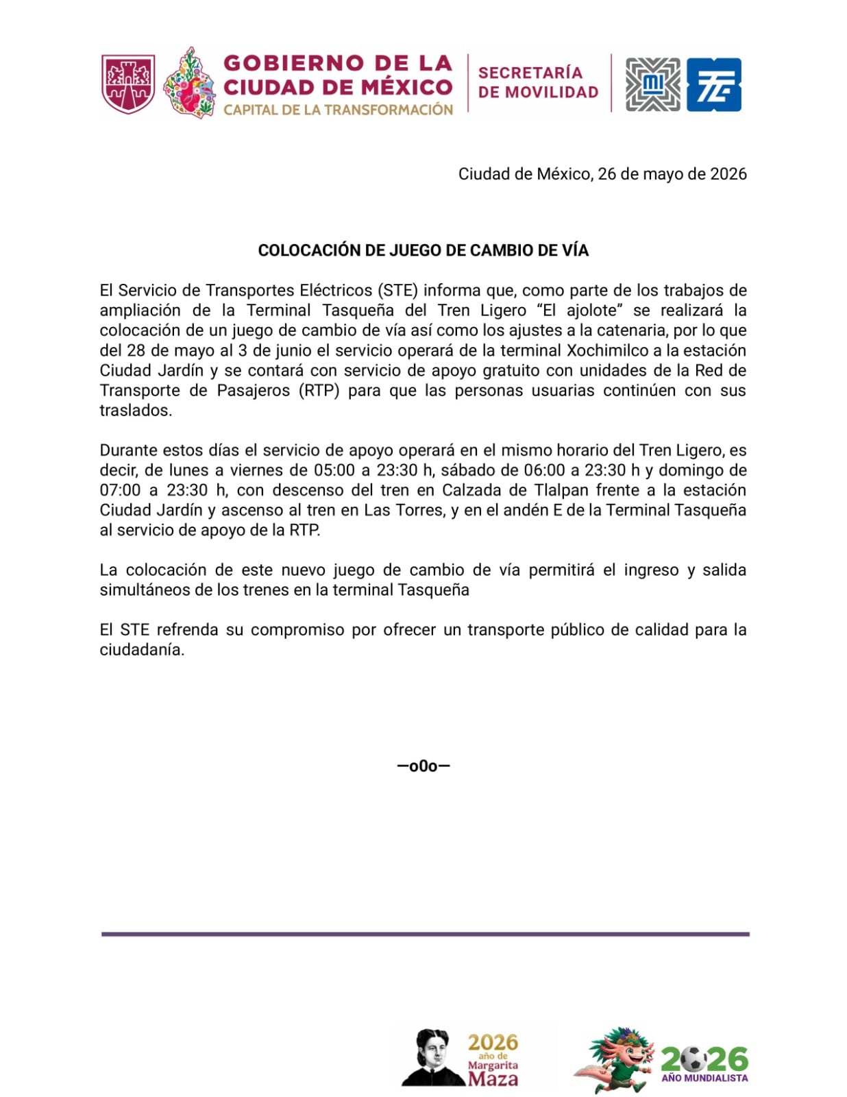 Estaciones Tasqueña y Las Torres del Tren Ligero permanecerán cerradas del 28 de mayo al 3 de junio