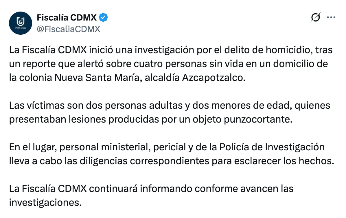 Fiscalía CDMX investiga homicidio de familia en Azcapotzalco