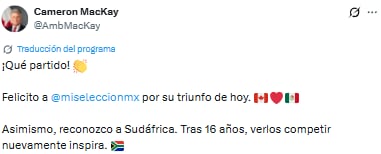 Embajador canadiense Cameron Mackay felicitó a la Selección Mexicana