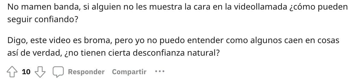 Comentarios en Reddit sobre no conocer el rostro de una persona en videollamada