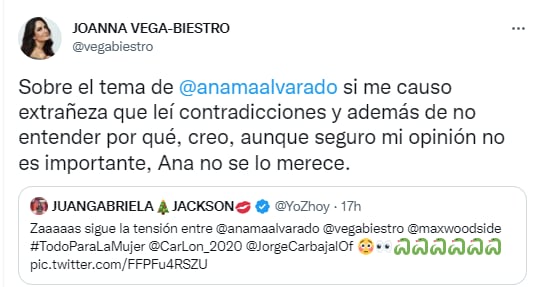 Joanna Vega-Biestro; Ana María Alvarado es muy su amiga, por eso la defiende.