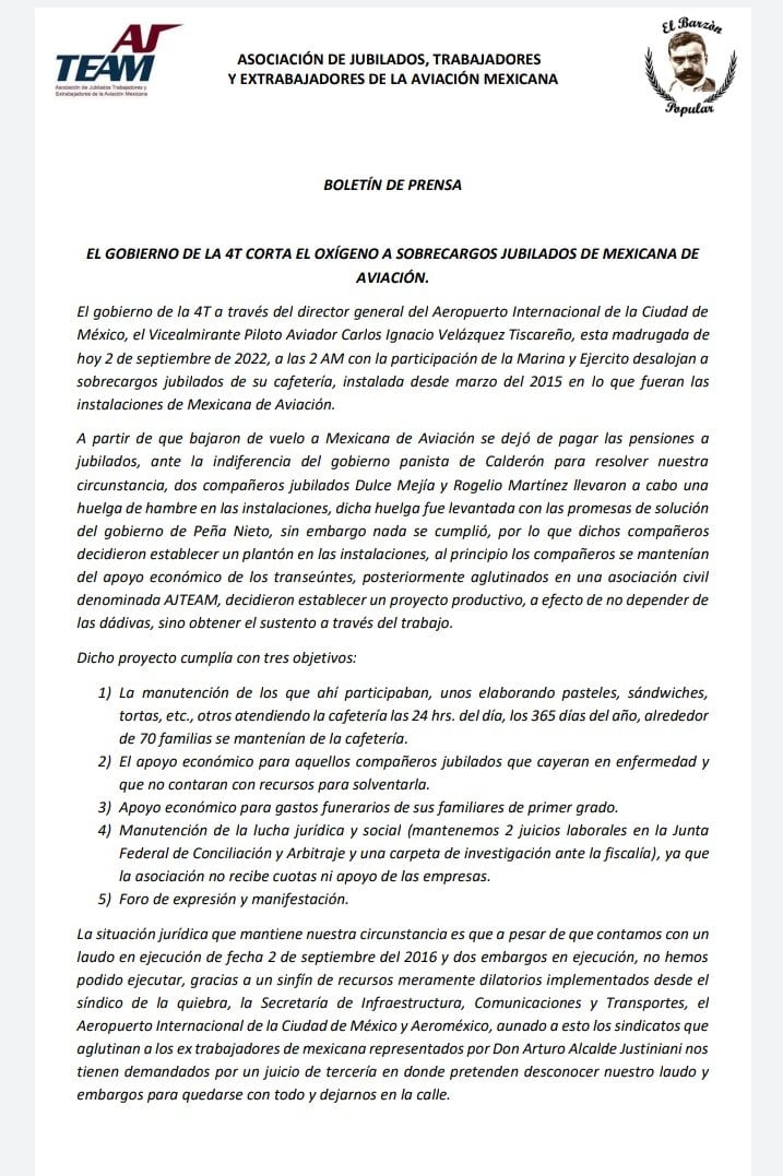 Comunicado del AJTEAM sobre el desalojo del bazar de Mexicana del AICM/AJTEAM