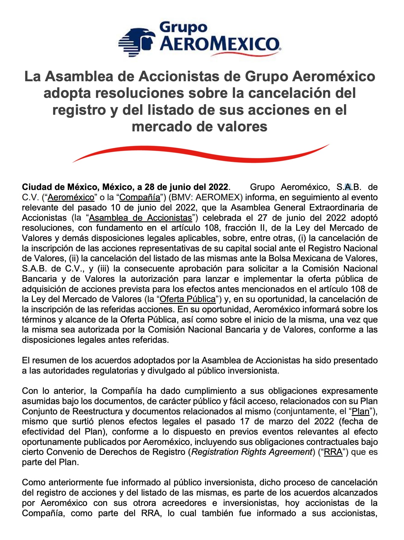 Aeroméxico sale de la BMV
