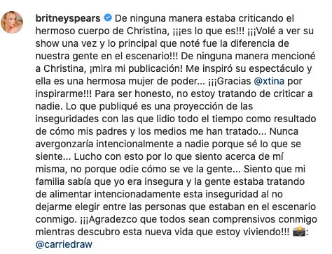 Texto de Britney Spears aclarando el escándalo de Christina Aguilera.