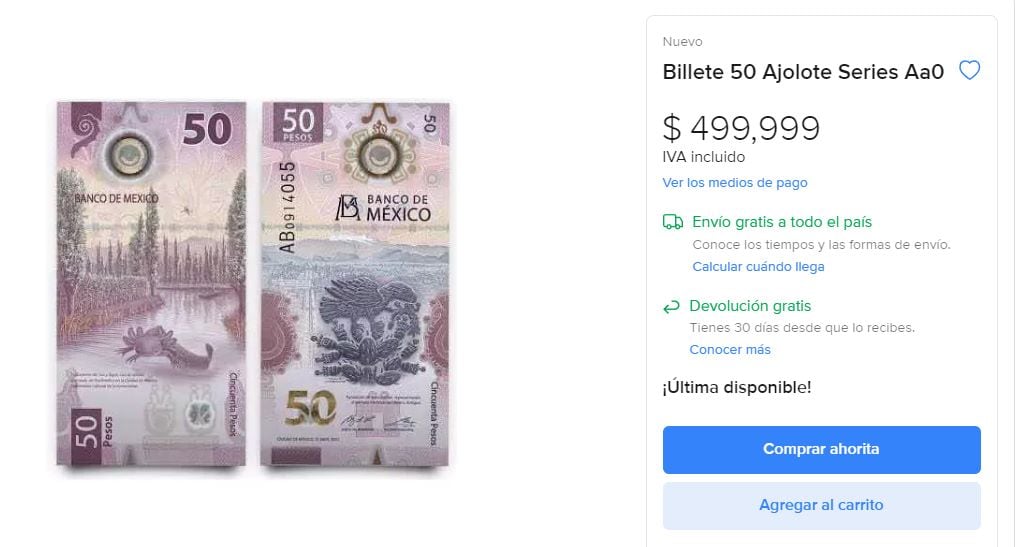 Billete de 50 es el más cotizado; por su ajolote especial se compra hasta por medio millón de pesos