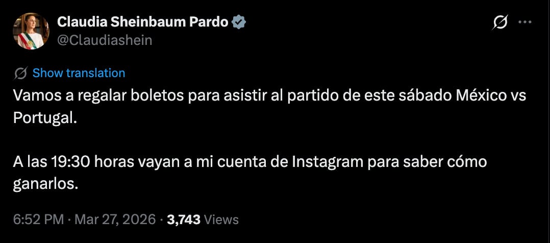 Sheinbaum regalará boletos para el México vs Portugal