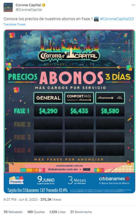 Precios abonos del Corona Capital 2023 en fase 1