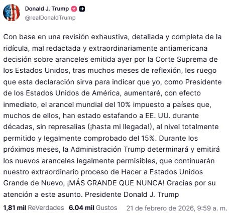 Donald Trump anuncia aumento del 10% al 15% en nuevo arancel global