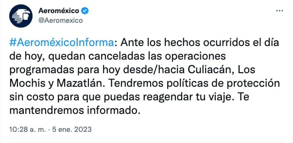 Aeropuerto Internacional de Culiacán permanecerá cerrado hasta las 22:30 horas por detención de Ovidio Guzmán