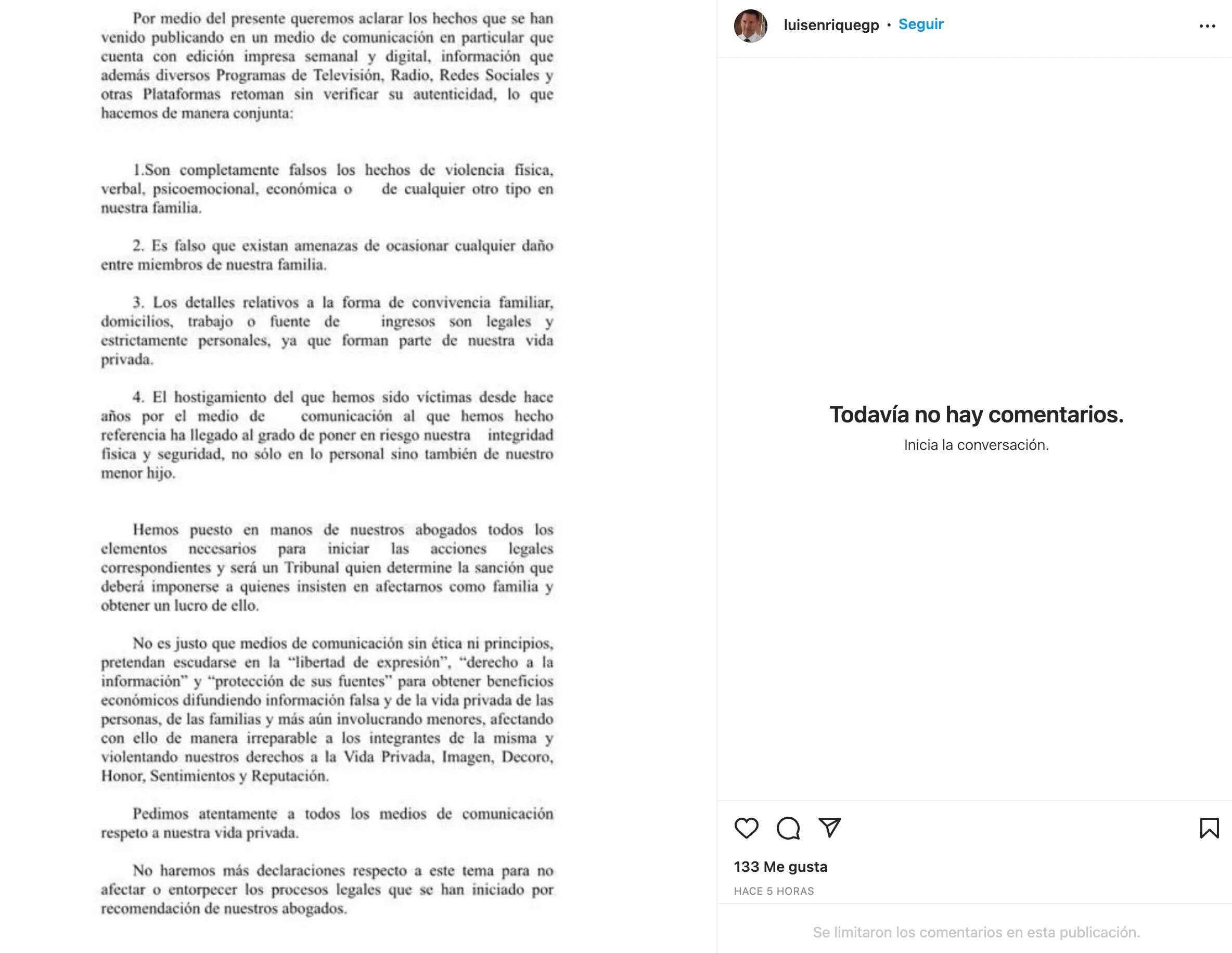 Luis Enrique Guzmán niega que haya violencia en su relación