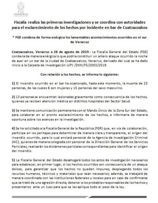 Comunicado de FGE sobre hechos en Coatzacoalcos