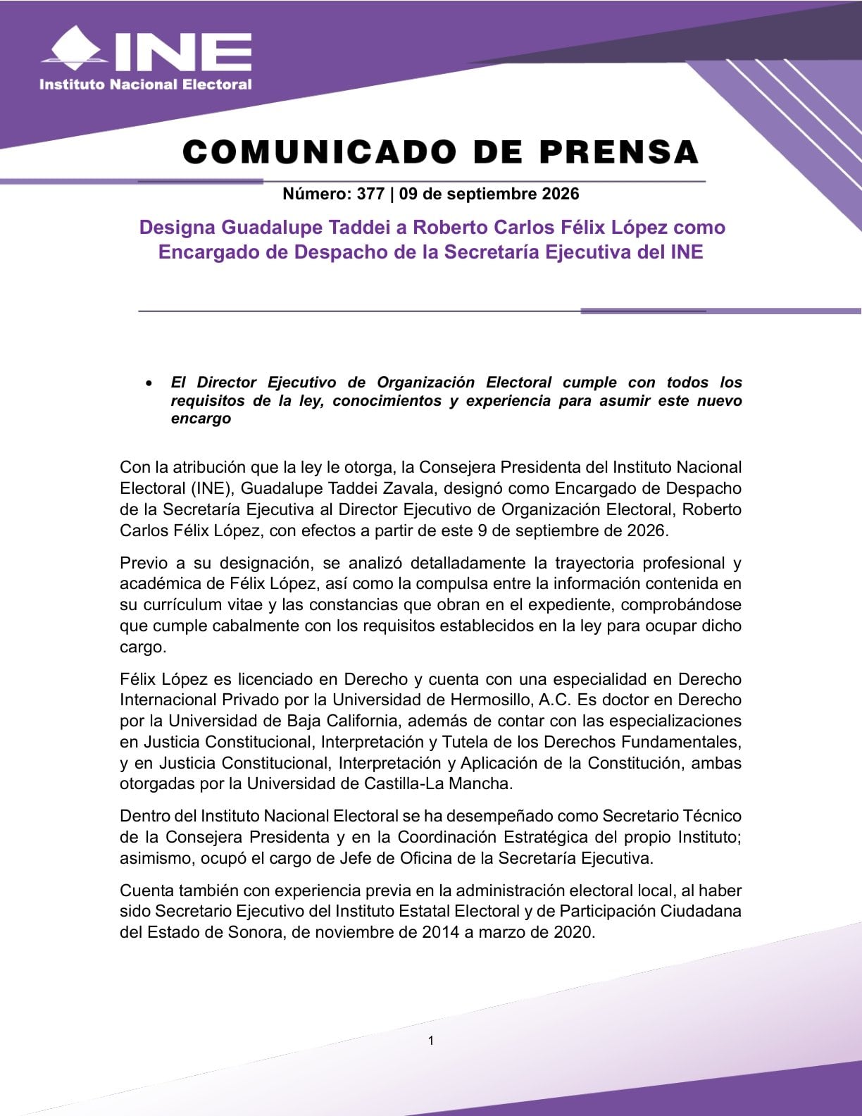 Roberto Félix López asume como encargado de despacho de la Secretaría Ejecutiva del INE