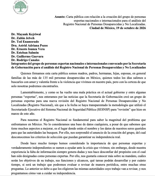 Familias de desaparecidos rechazan revisión del registro nacional sin consulta previa