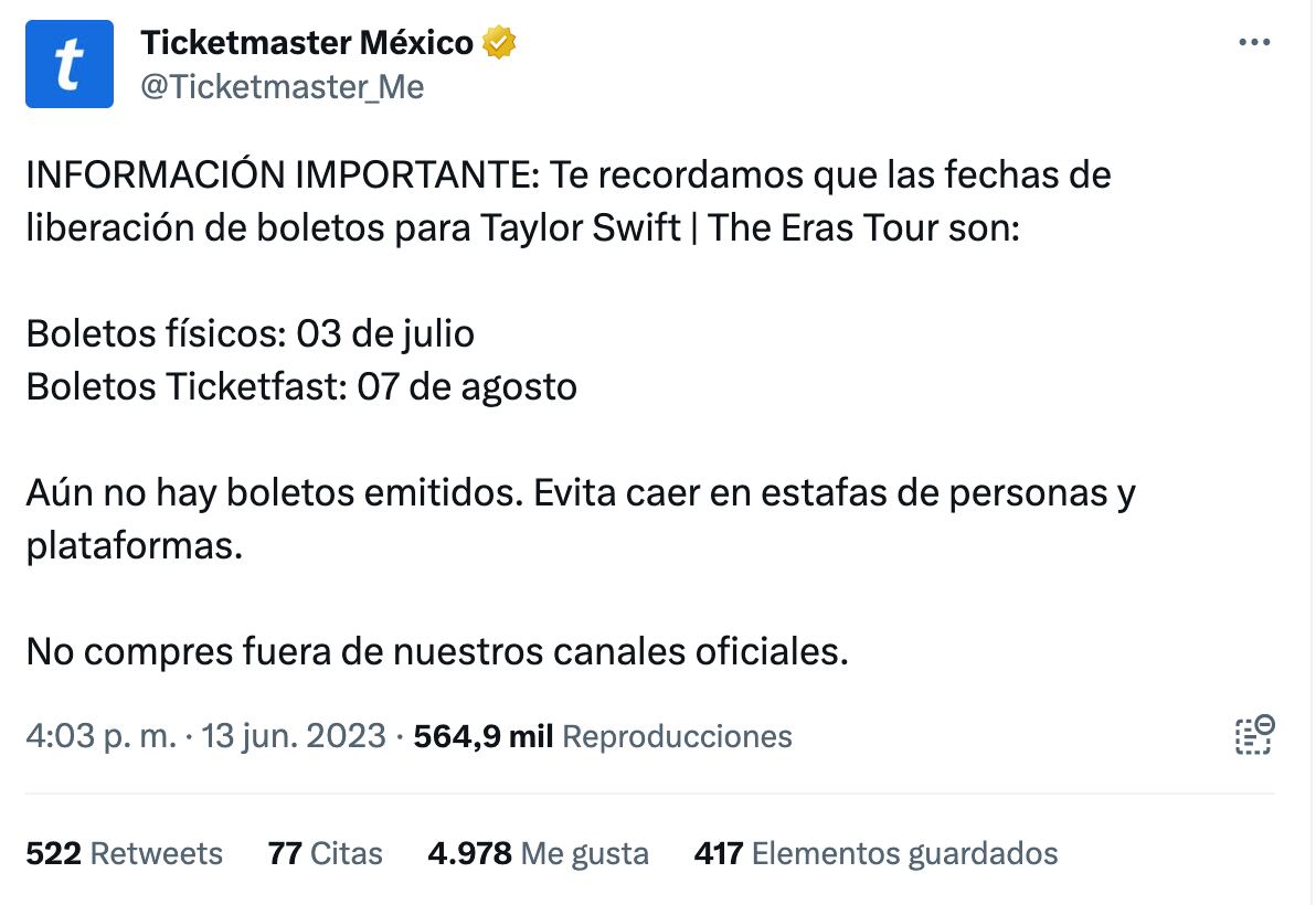A partir de este 3 de julio ya pueden recogerse los boletos Will Call Ticketmaster para Taylor Swift