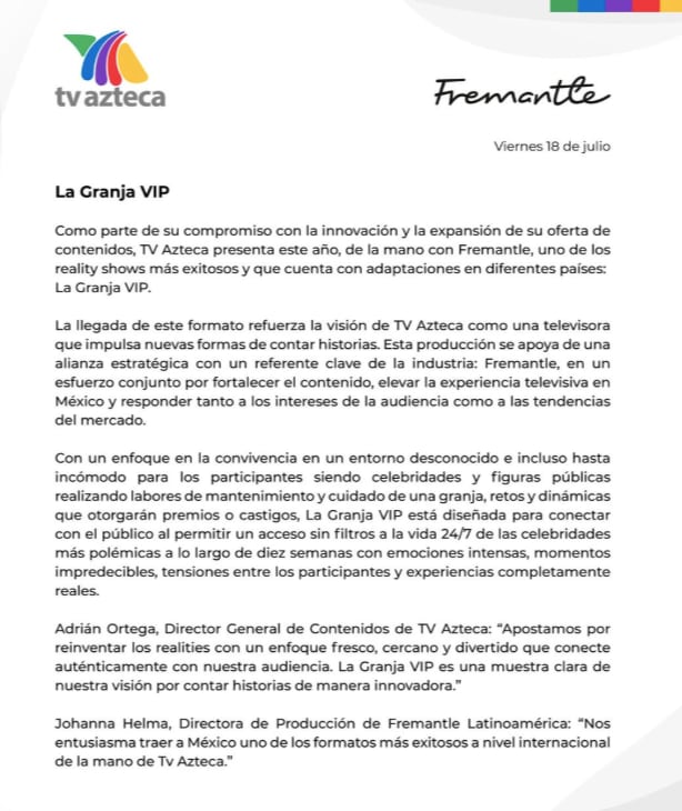 TV Azteca confirma llegada a La Granja VIP