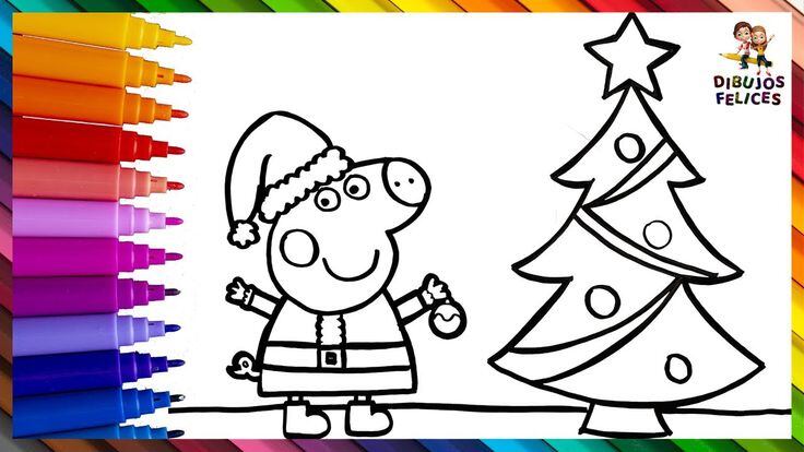 6 dibujos de Peppa Pig poniendo el árbol de Navidad para imprimir y colorear