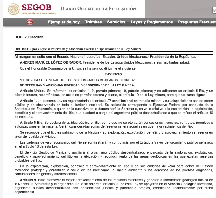 Reforma a ley Minera en el DOF