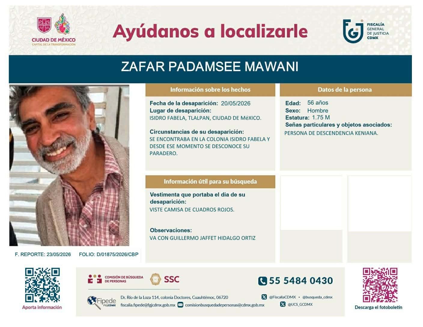 Boletin de desaparición de Zagar Padamsee Mawani en Tlalpan, CDMX.