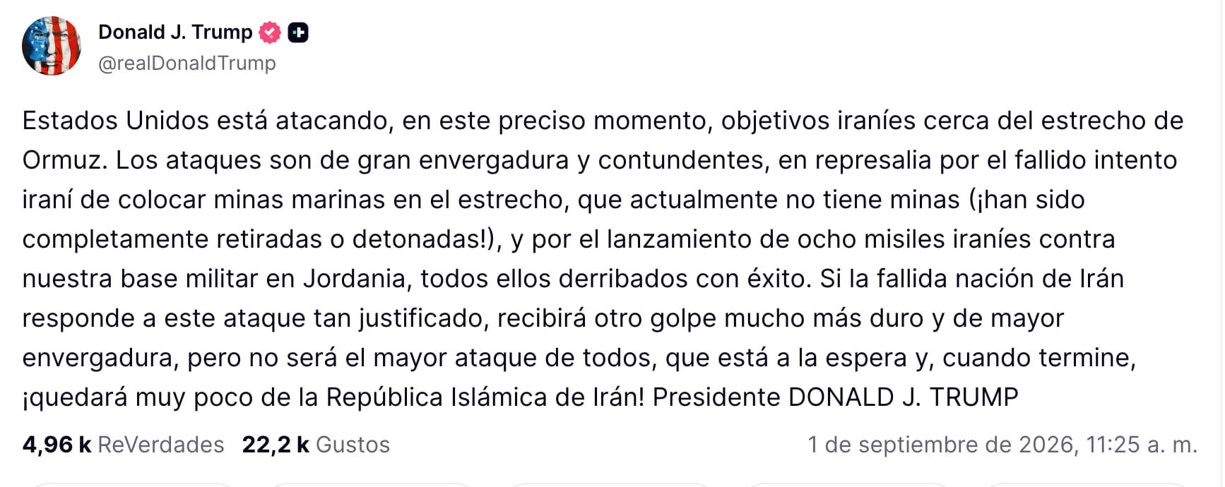Donald Trump confirma ataque a Irán cerca del Estrecho de Ormuz