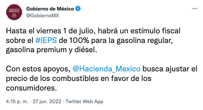 Subsidio al 100% del IEPS en gasolina