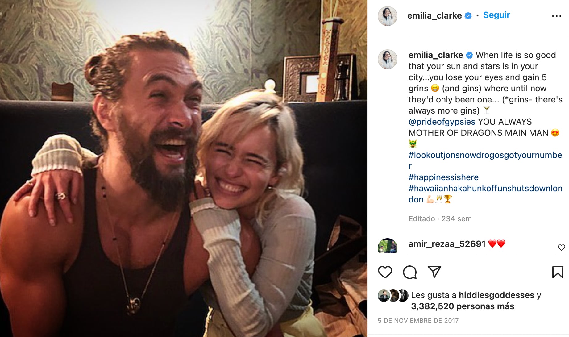 Emilia Clarke es amiga de Jason Momoa