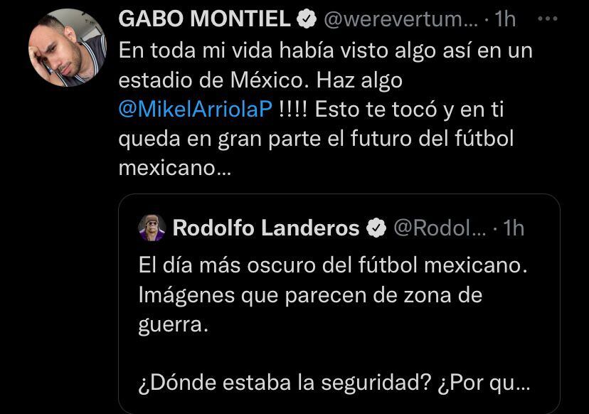 Tweet de Werevertumorro pidiendo a Mikel Arriola actuar ante los hechos en el Estadio Corregidora esta tarde.