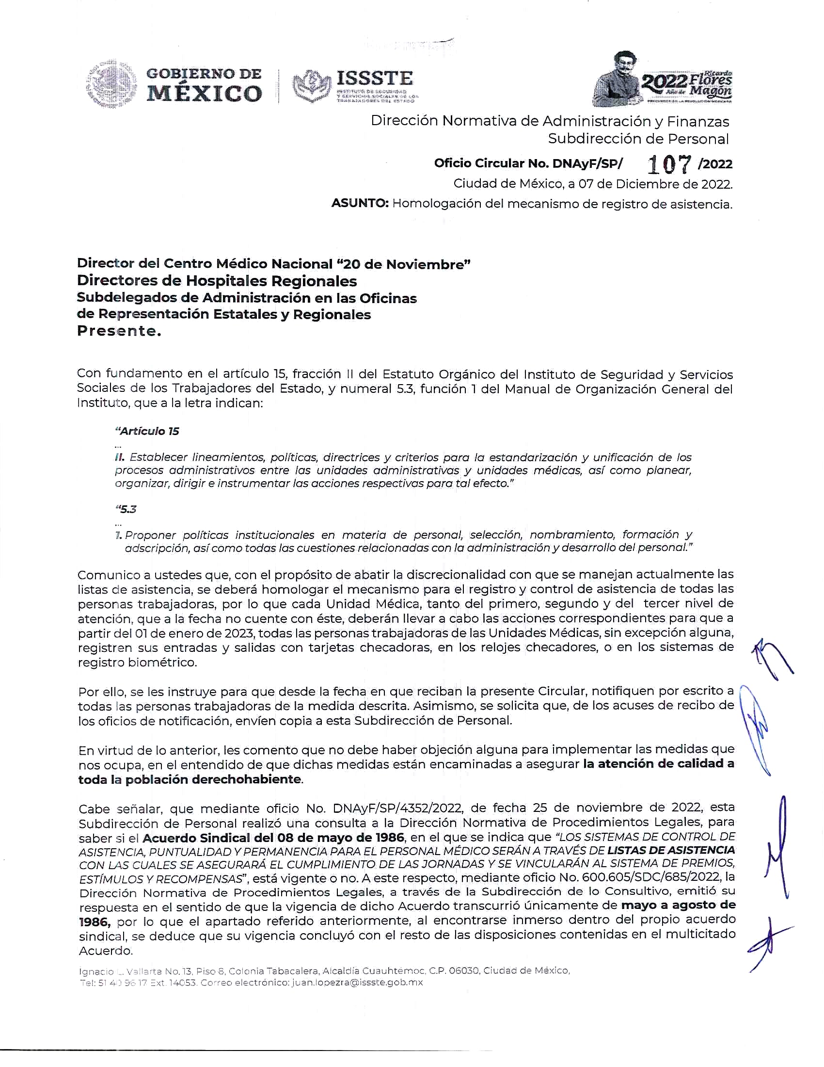 ISSSTE oficio DNAyF/SP/107/2022
