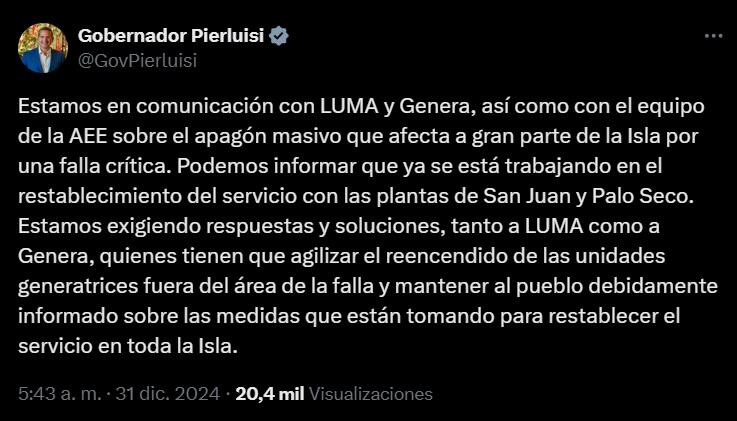 Apagón masivo en Puerto Rico hoy 31 de diciembre