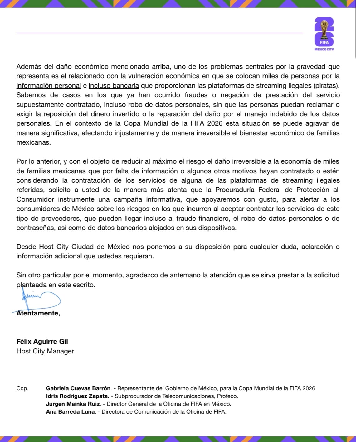 Comunicado de la FIFA a Profeco por piratería de transmisión de partidos del Mundial 2026.