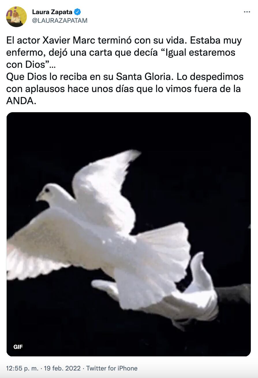 Tuit de Laura Zapata sobre la muerte de Xavier Marc